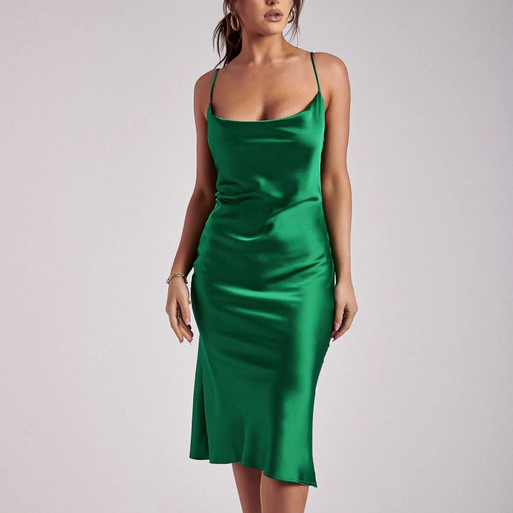 NWT MESHKI Green Cowl Neckline Silk Midi Slip Dress